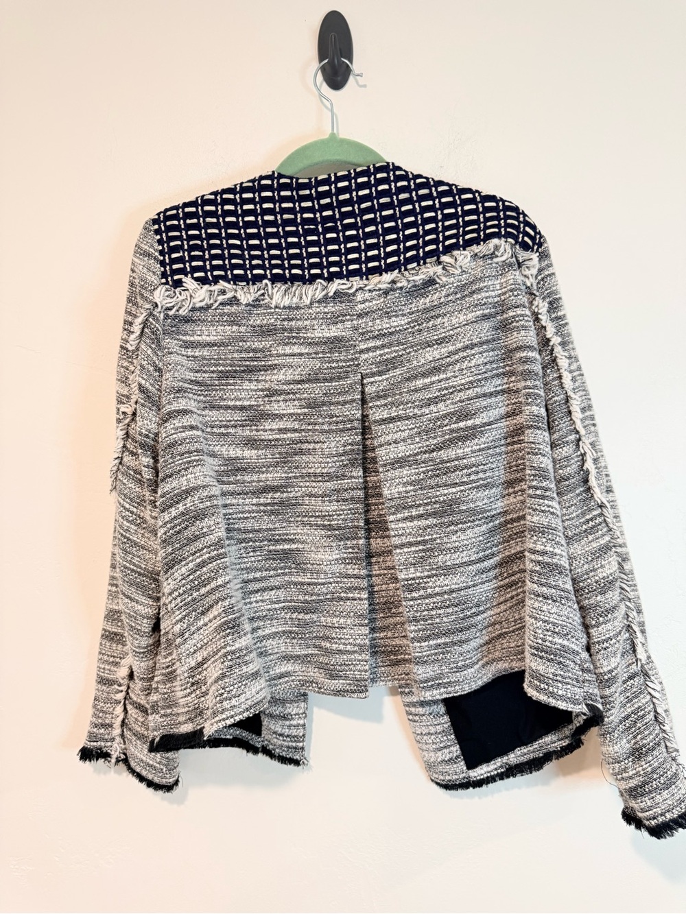 Chico’s Tweed Fringe Jacket Women’s L 12/14 Open Front Blue Gray Textured - Picture 5 of 8